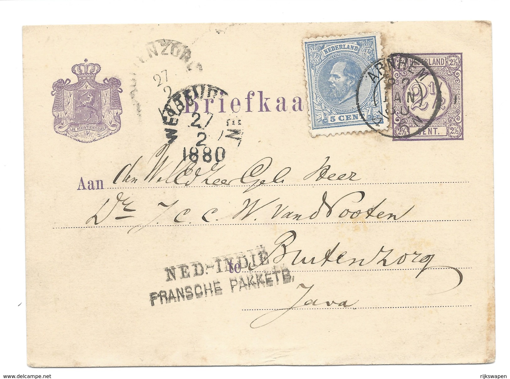 Nederland 1880 Briefkaart Cijfer Met Nr.19 Arnhem-Ned.Indie. - Brieven En Documenten