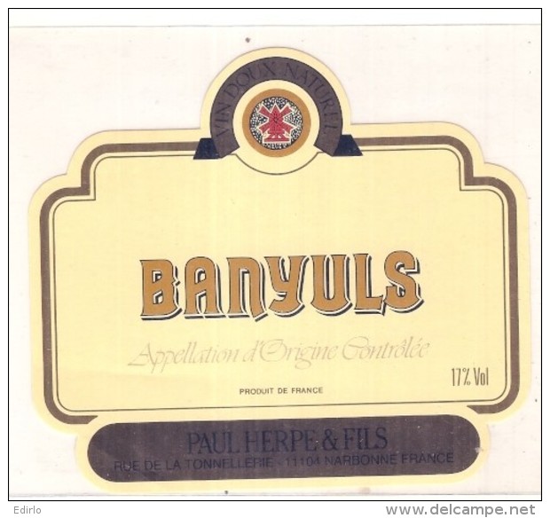 étiquette  - 1960/90 -  BANYULS  Paul Herpe -NARBONNE - - Vin De Pays D'Oc
