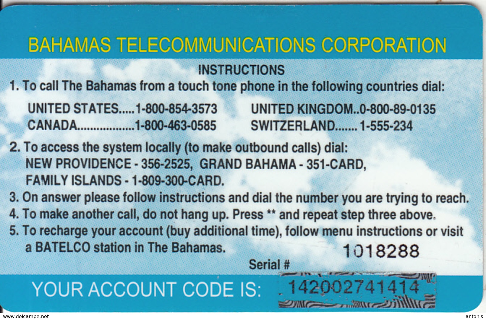 BAHAMAS ISL. - Atlantis Submarine Adventures, Batelco Prepaid Card, First Issue Account Card, Used - Bahamas