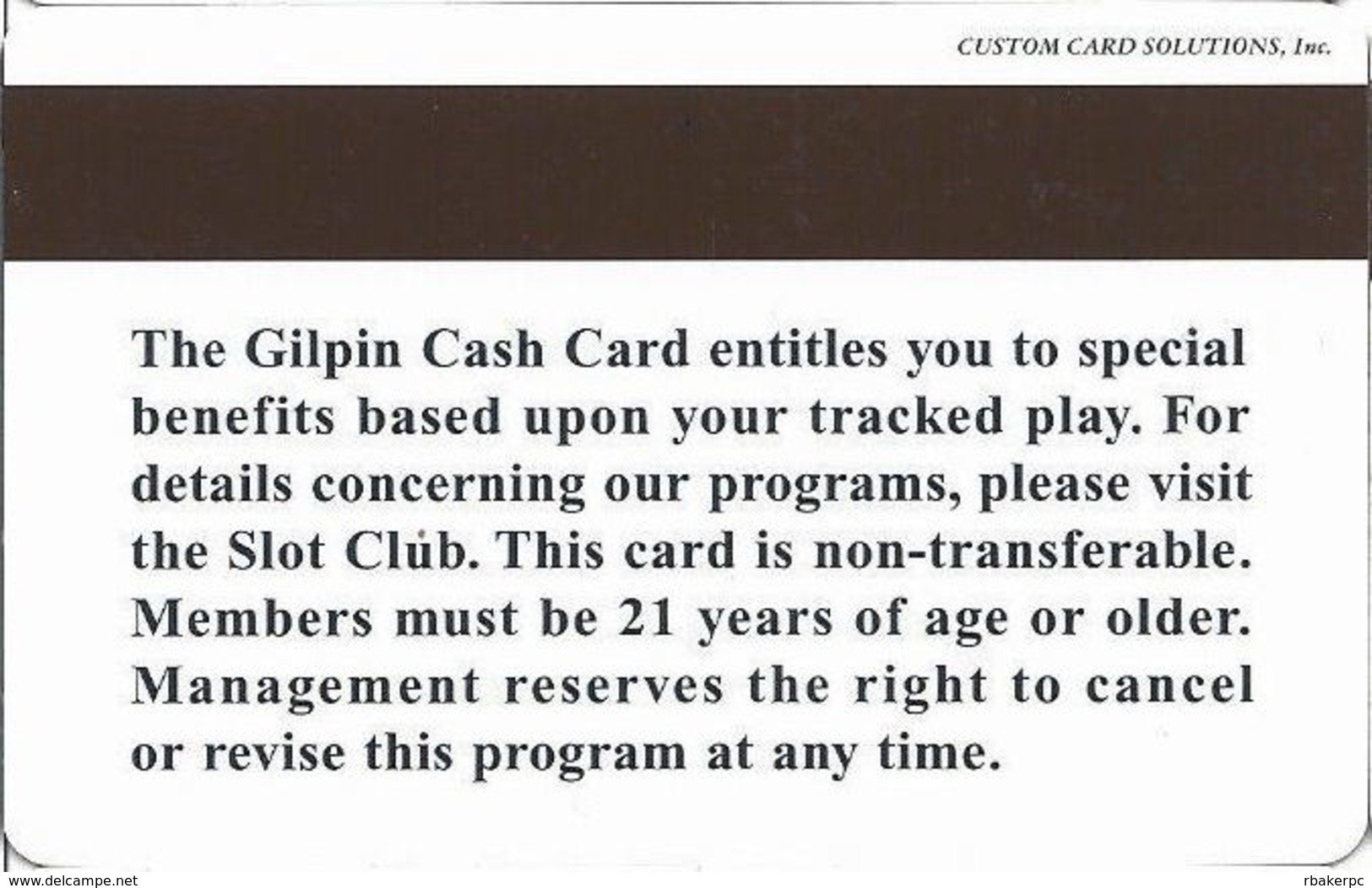 Gilpin Casino Black Hawk CO - Slot Card - CCS Over Mag Stripe - Last Line Ends Past End Of 'right' Above (BLANK) - Casino Cards