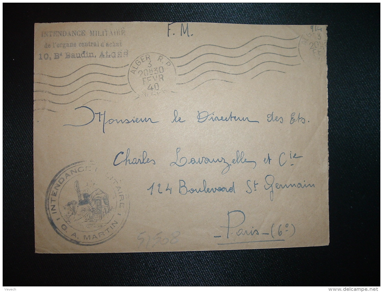 LETTRE OBL.MEC.3 FEVR 40 ALGER RP + INTENDANCE MILITAIRE De L'organe Central D'achat - Guerre De 1939-45