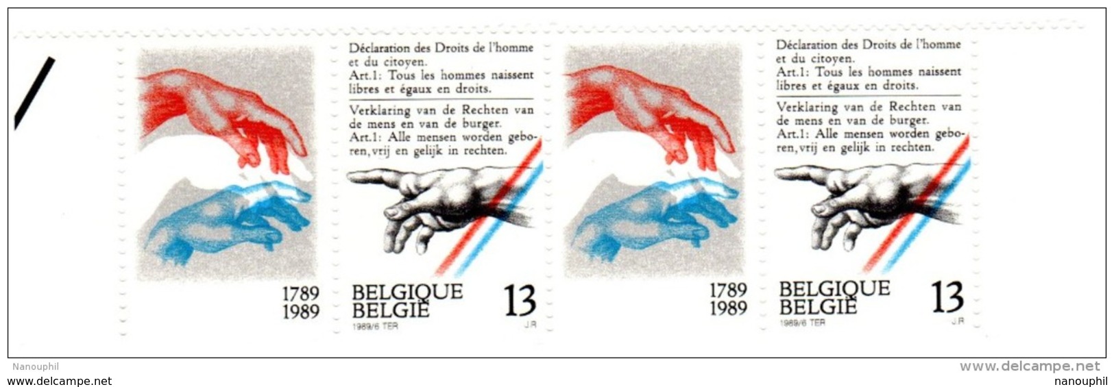 7441      BELGIQUE  PHILEXFRANCE  89  BICENTENAIRE DE LA REVOLUTION FRANCAISE  1 PAIRE  TIMBRES + 1 VIGNETTE NEUF. + BDF - Ungebraucht