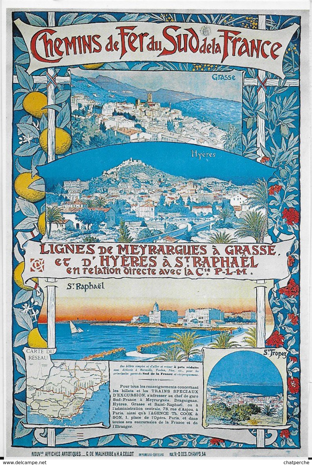 TRAIN TRANSPORT  CHEMINS DE FER DU SUD DE LA FRANCE LIGNE MEYRARGUES A GRASSE ET HYERES SAINT RAPHAEL REPRO AFFICHE - Autres & Non Classés