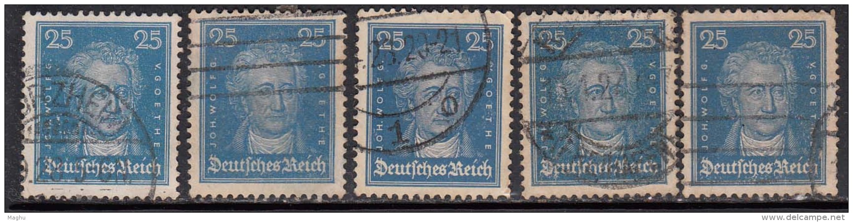 25pf X 5 Diff,, Paper, Shades, Etc 1926 Used Reich, Goethe, Writer, Statesman, Poet, - Gebraucht