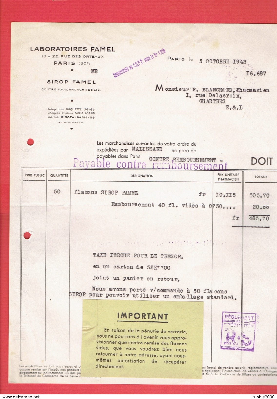 FACTURE 1942 LABORATOIRES FAMEL 16 RUE DES ORTEAUX PARIS 20 FACTURE DE GUERRE PROBLEME D EMBALLAGE - 1900 – 1949