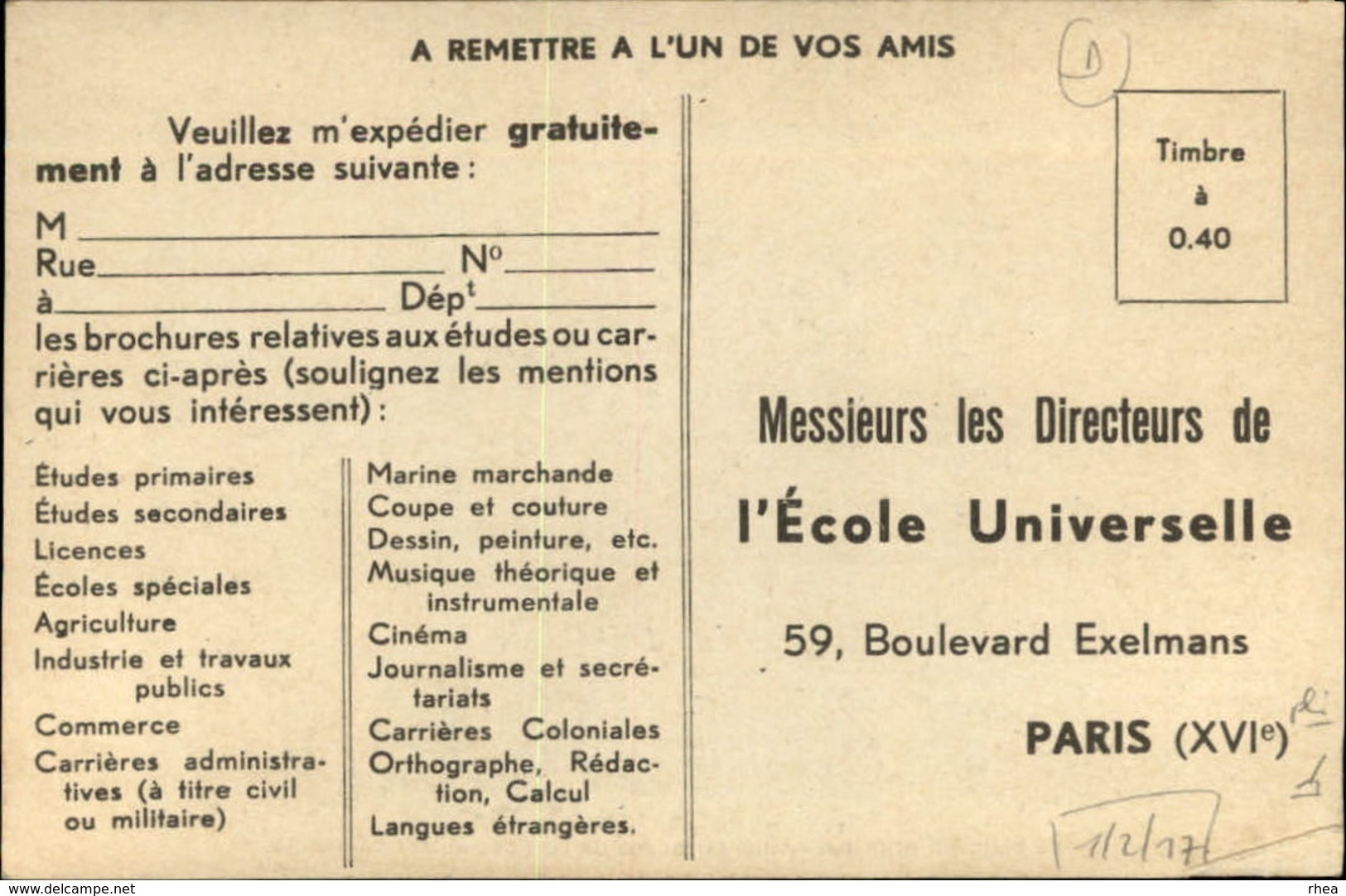 75 - PARIS - Ecole Universelle - Carte Pub - Enseignement, Ecoles Et Universités