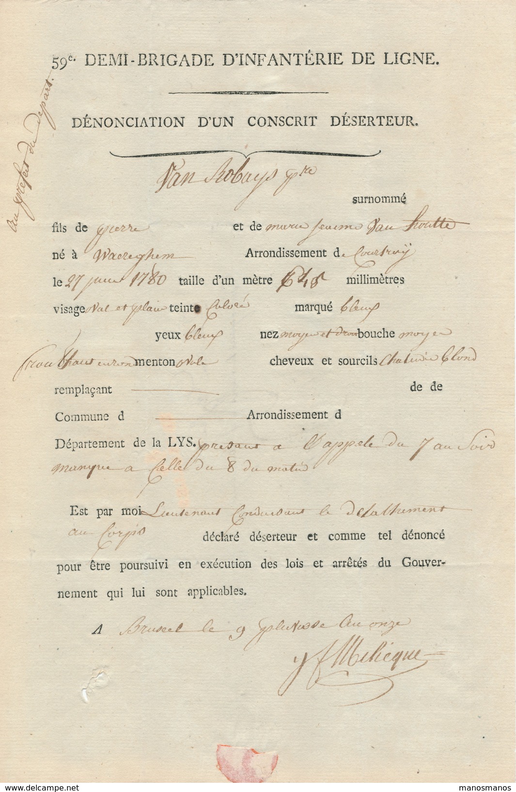 954/24 - Document 1803 Empire Français En BELGIQUE - Dénonciation Conscrit Déserteur - Van Robays De WAEREGEM - Documents Historiques
