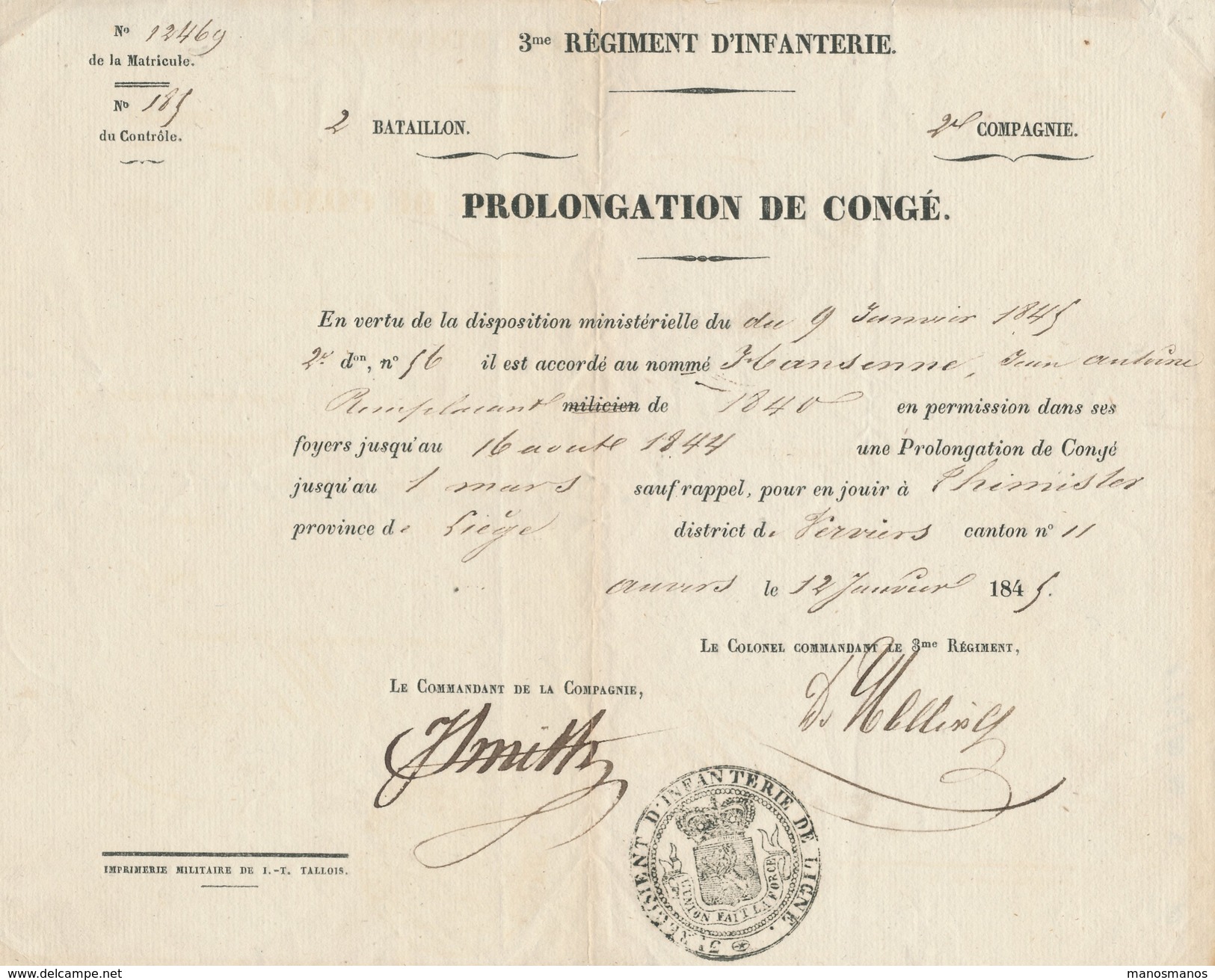 956/24 - Document  BELGIQUE 1845 - ANVERS  Prolongation De Congé Soldat Hansenne à THIMISTER - 3è Régiment De Ligne - Documents Historiques