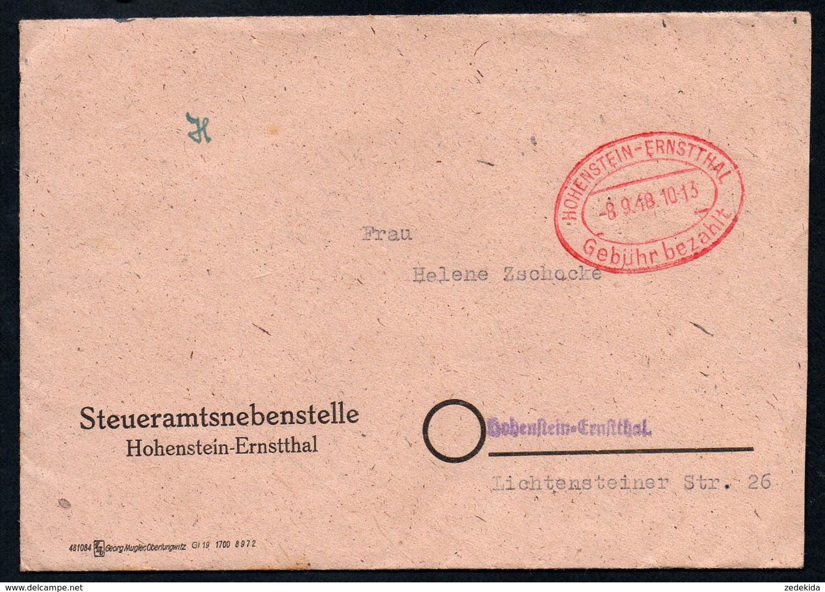 3142 - Alter Beleg Brief - Freistempel Freistempler Hohenstein Ernstthal 1948 - Sonstige & Ohne Zuordnung