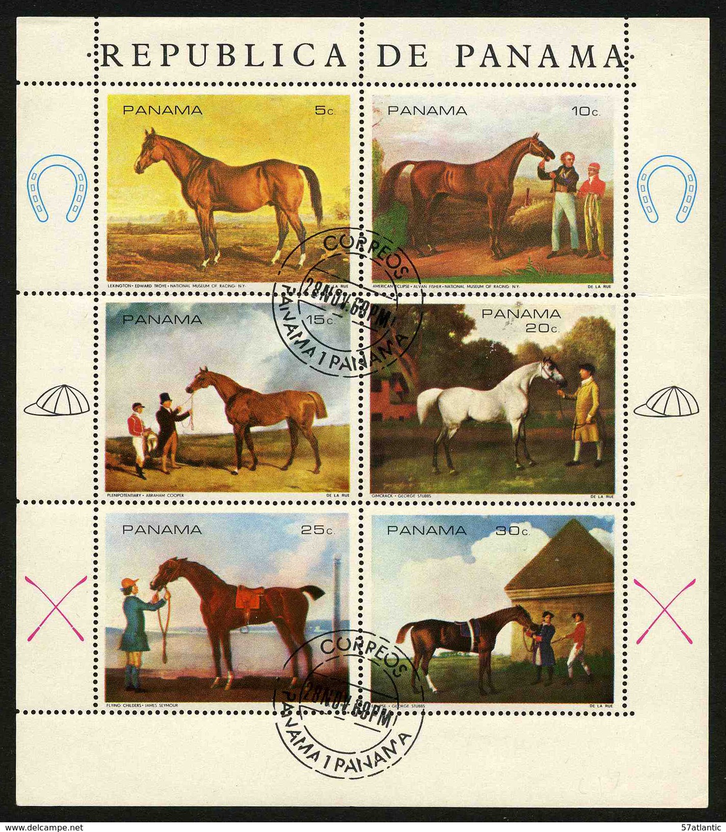 PANAMA - CHEVAUX - YT 495 à 501 - SERIE COMPLETE DE 6 TIMBRES OBLITERES EN BLOC FEUILLET - Pferde