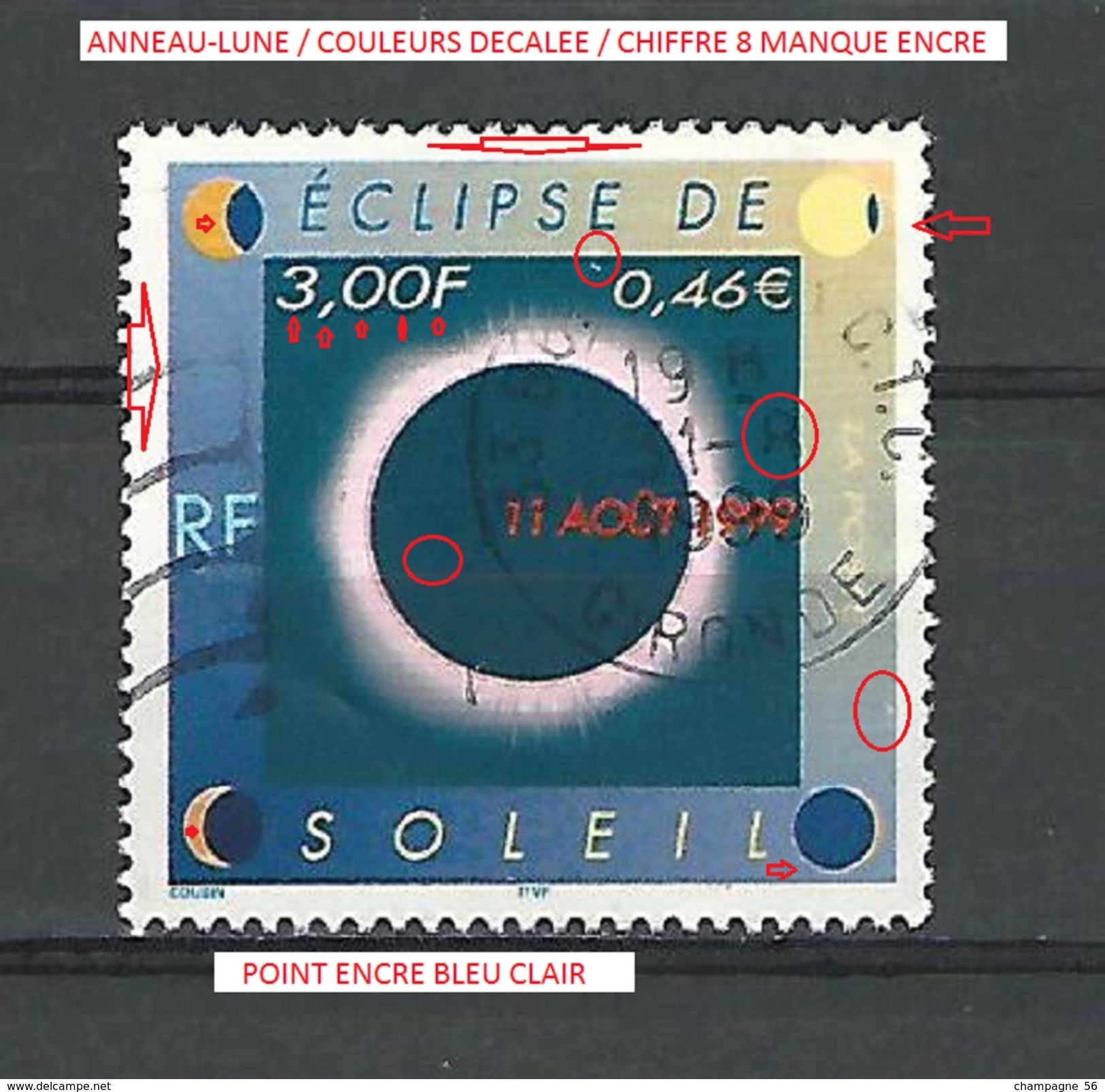 VARIÉTÉS FRANCE 1999  N° 3261  ECLIPSE DE SOLEIL    PHOSPHORESCENTE OBLITÉRÉ  31 . 8 . 1999 - Usados