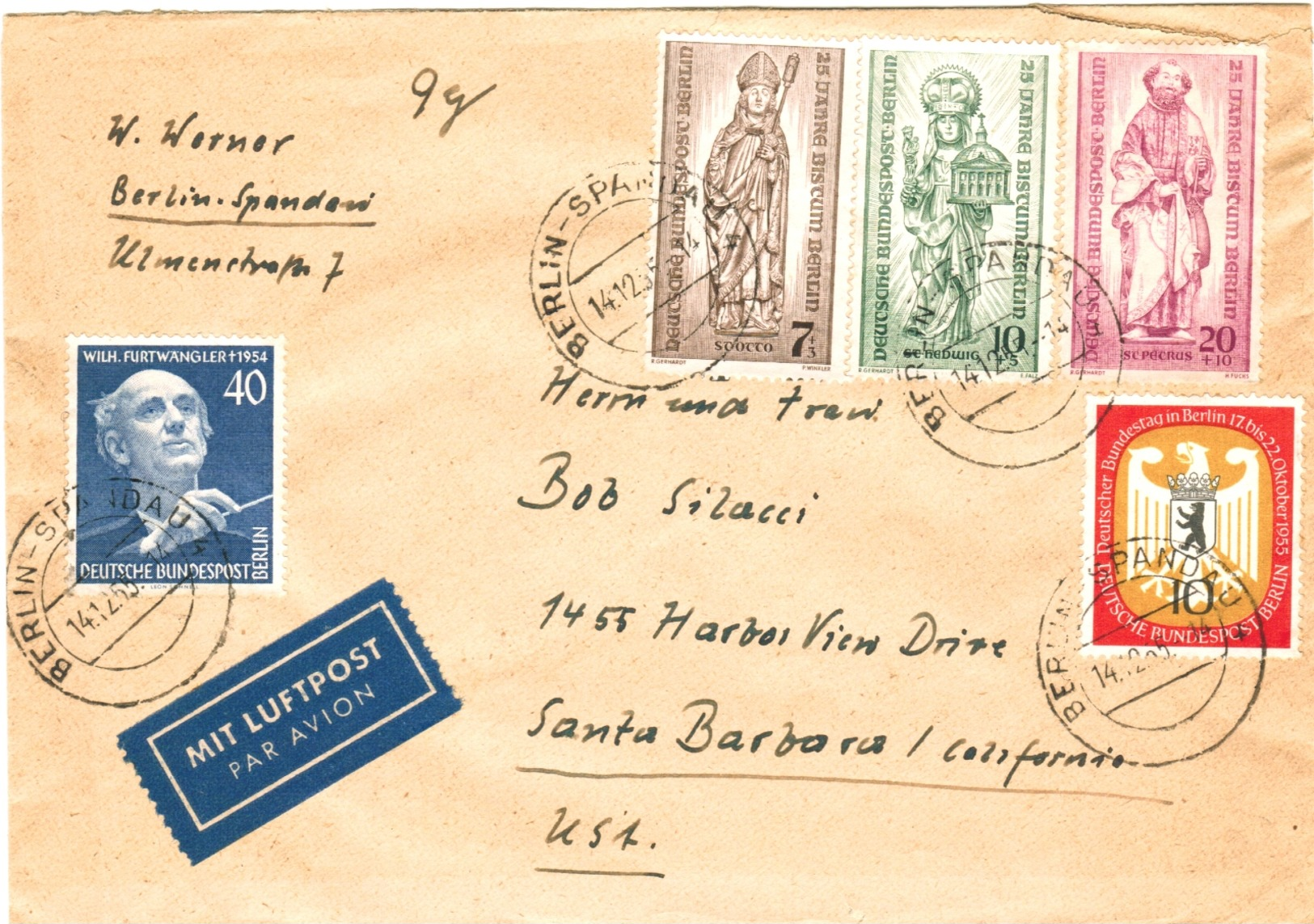 Berlin 128 + 132-134 Etc. Als MiF Auf Sammler- Luftpost- Ausl.- Brief Von Berlin - Spandau 1955 In Die USA - Briefe U. Dokumente