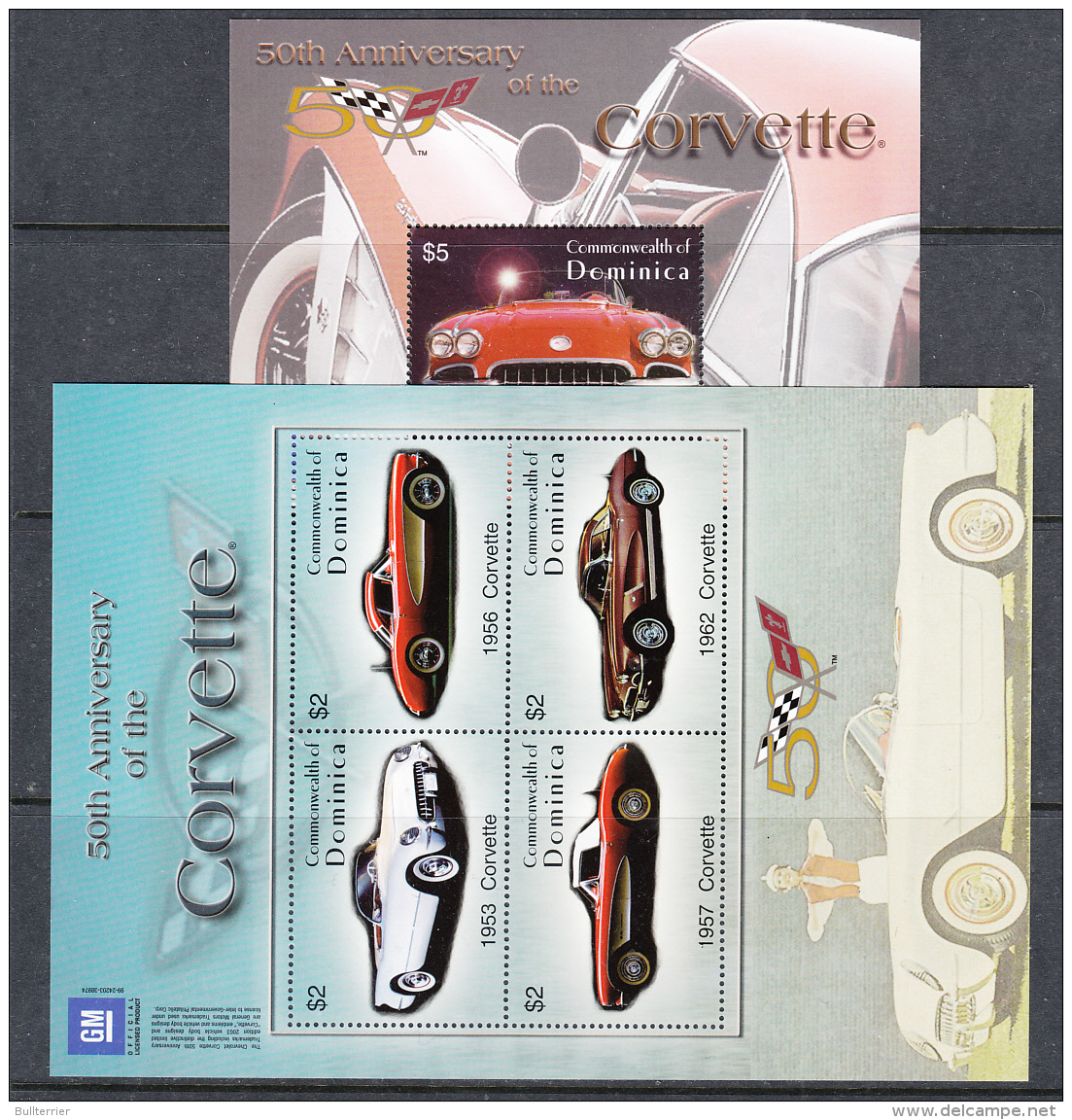 CARS - DOMINICA - 2003 - CORVETTE  50TH ANNIVERSRAY  SHEETLET OF 4 + S/SHEET MINT NEVER HINGED - Autos
