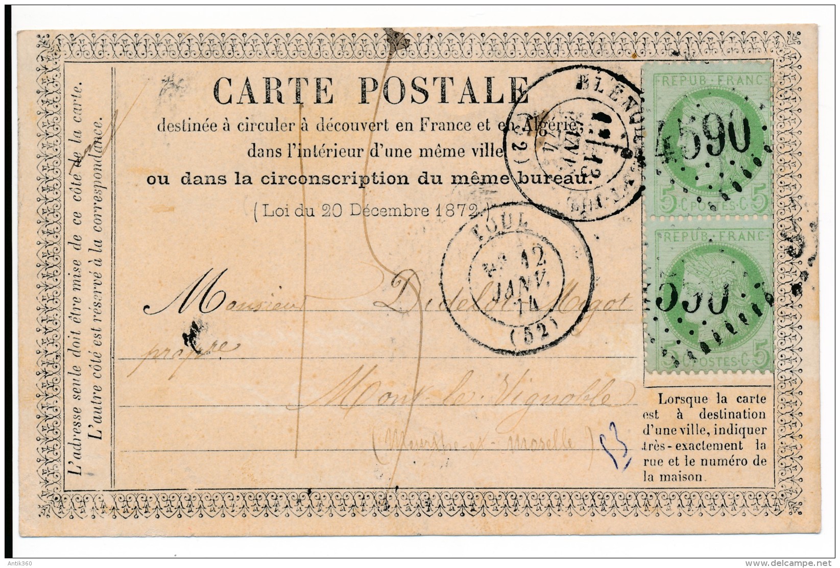 CPA Rare Carte Précurseur 1874 + 2 Timbres  Cérès 5 C Centimes - Other & Unclassified