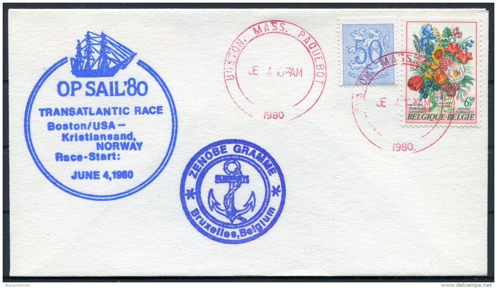 1980 Belgium ZENOBE GRAMME Ship Cover. Operation Sail Boston USA Paquebot - Covers & Documents