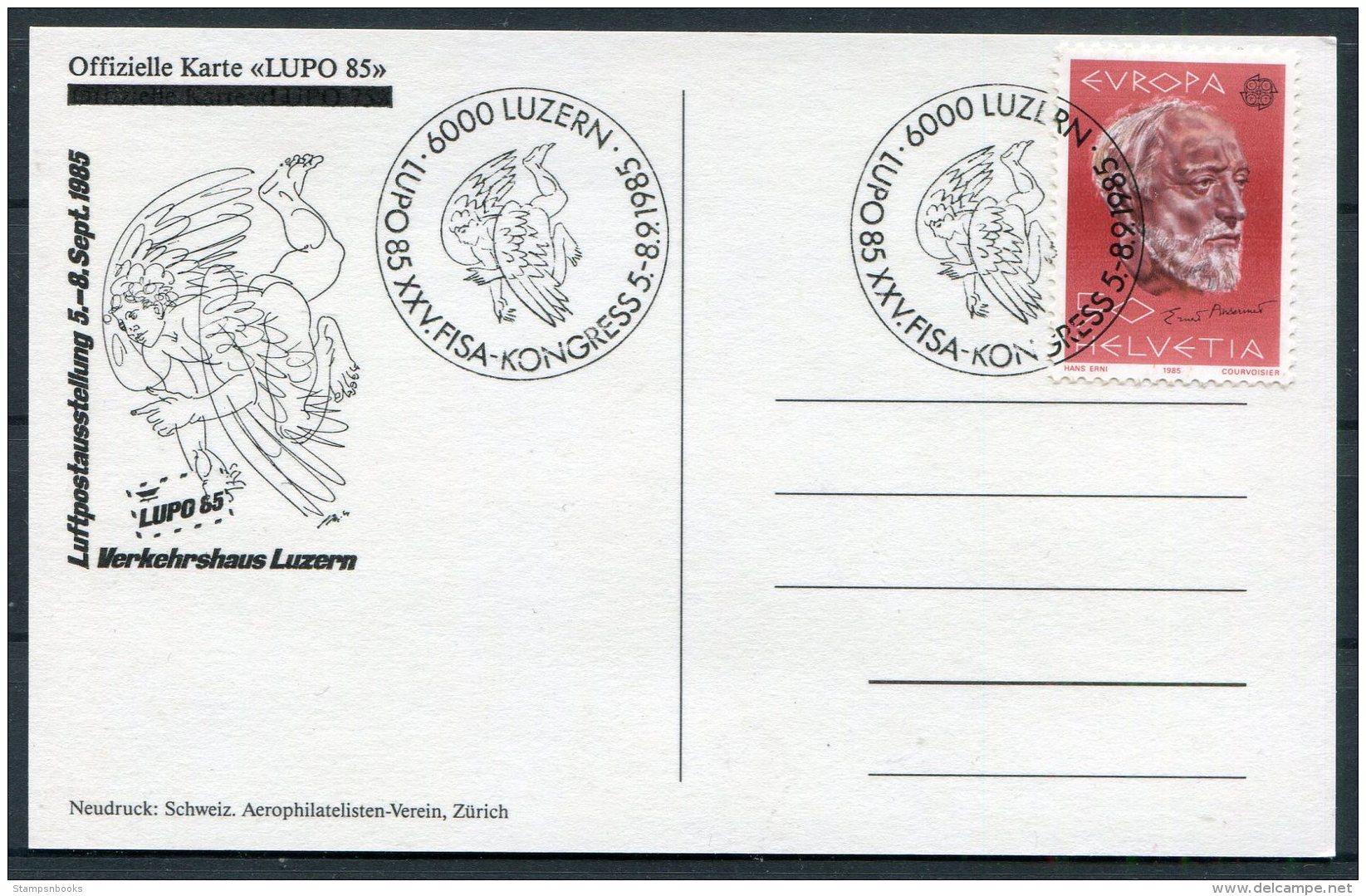 1985 Switzerland LUPO '85 Postcard. Luzern Europa - First Flight Covers