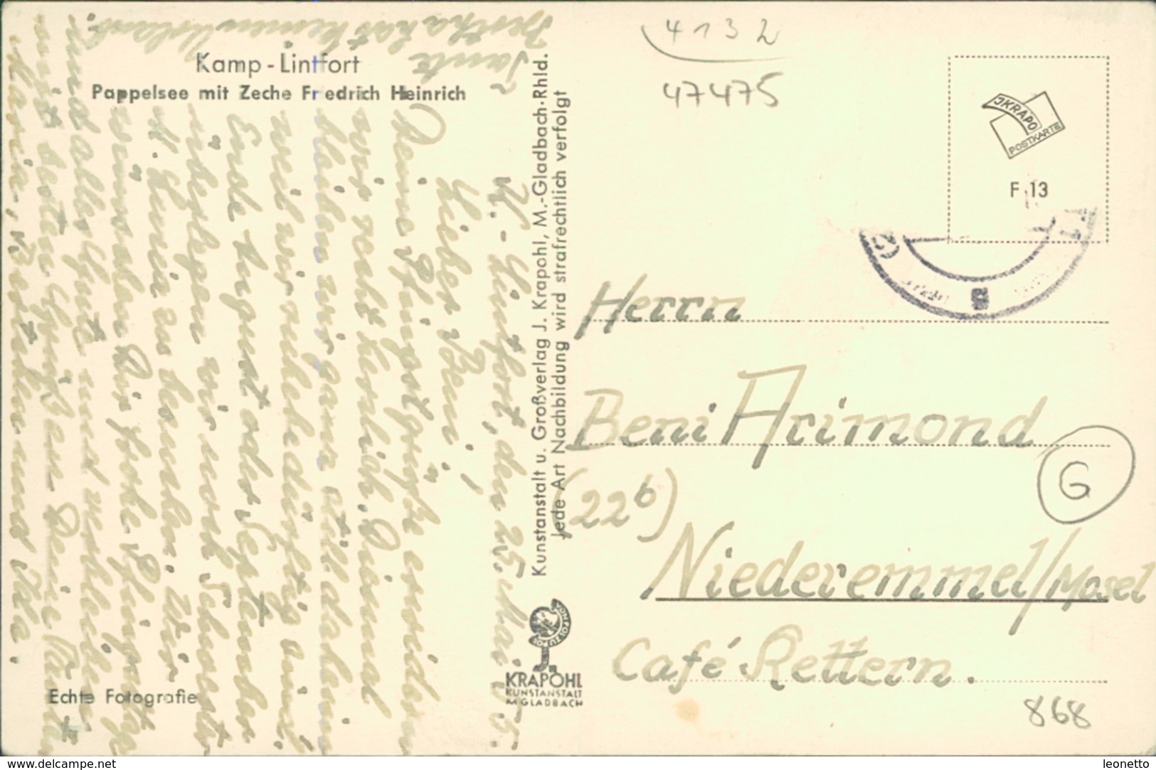 AK Kamp-Lintfort, Pappelsee Mit Zeche Friedrich Heinrich, O 1955, Briefmarke Entfernt, Eckknick O.l. (868) - Sonstige & Ohne Zuordnung