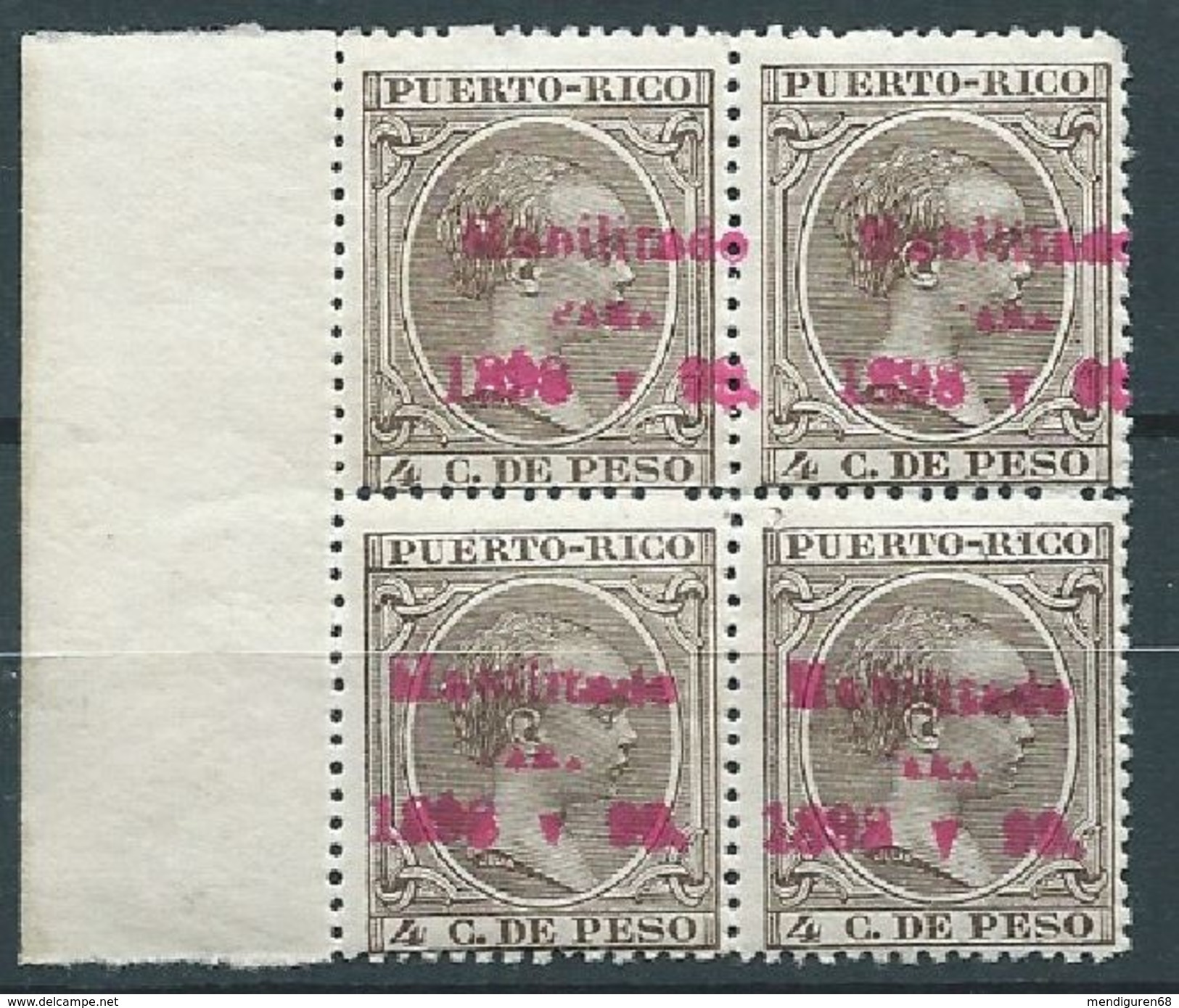 ESPAGNE SPAIN SPAIN ESPAÑA PUERTO RICO STAMP MOG HABILITADO 1898 BLOCK 4V PR 4C DE PESO - Puerto Rico