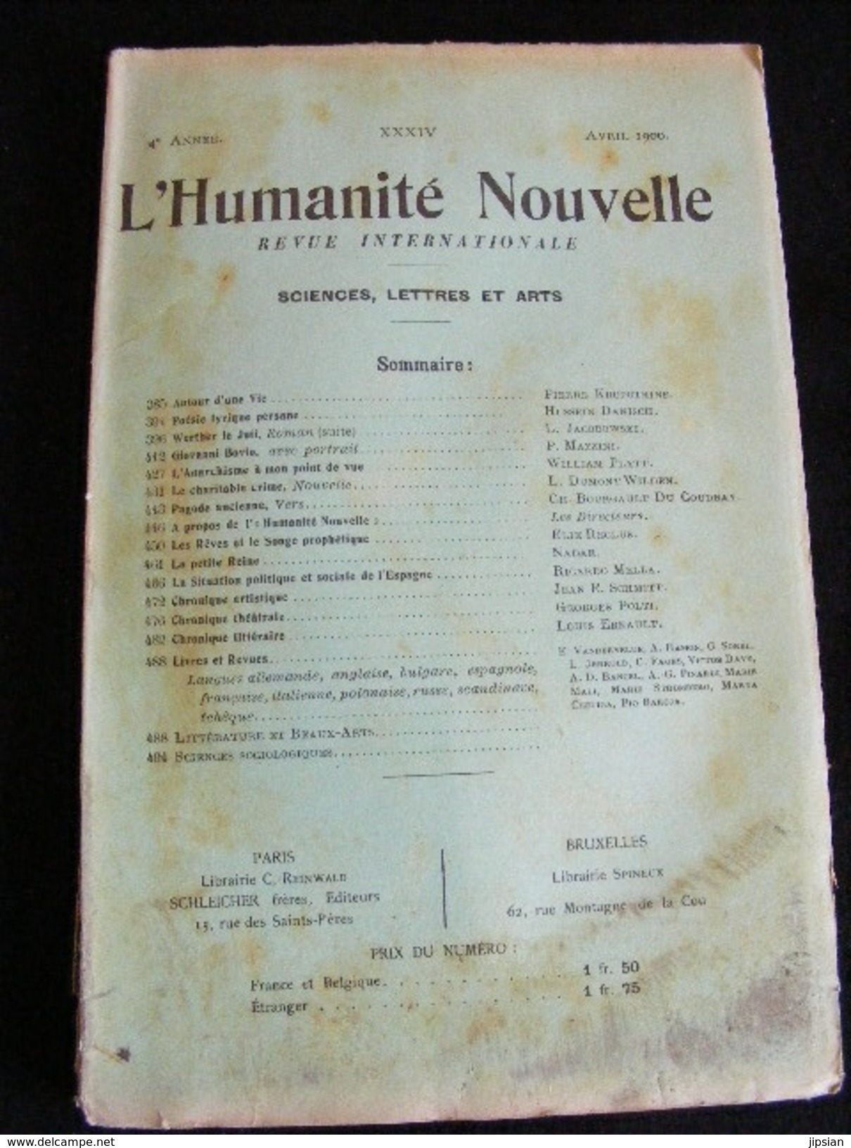 Revue Avril 1900 L' Humanité Nouvelle N°34 Revue Internationale Littéraire Politique Tendance Anarchiste -- GAR - Revues Anciennes - Avant 1900