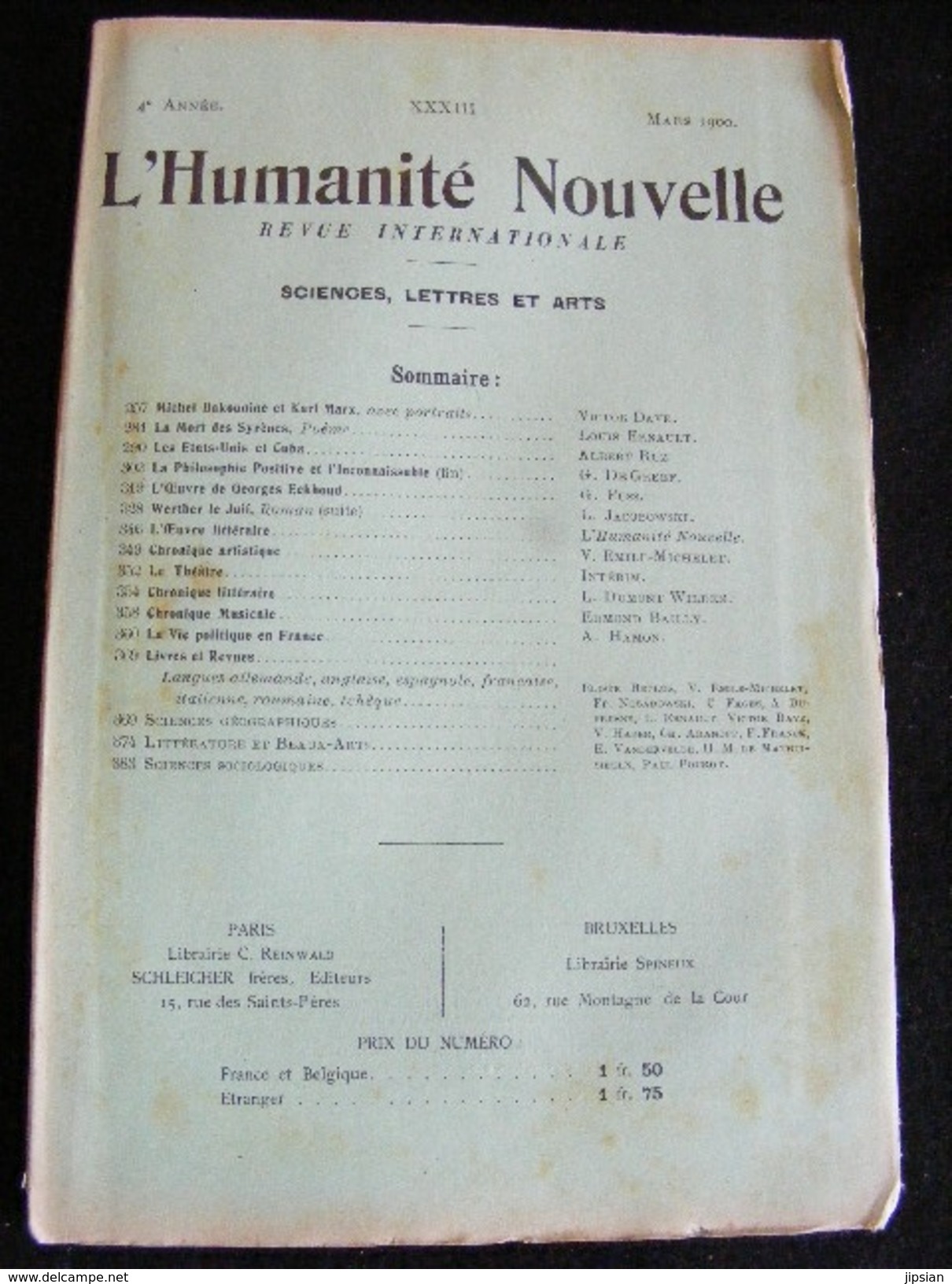 Revue Mars 1900 L' Humanité Nouvelle N°33 Revue Internationale Littéraire Politique Tendance Anarchiste -- GAR - Revues Anciennes - Avant 1900