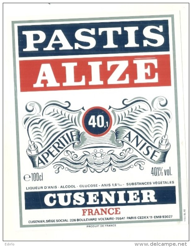 étiquette -  1960/99 - Pastis Alizé - Par Cusenier - - Whisky