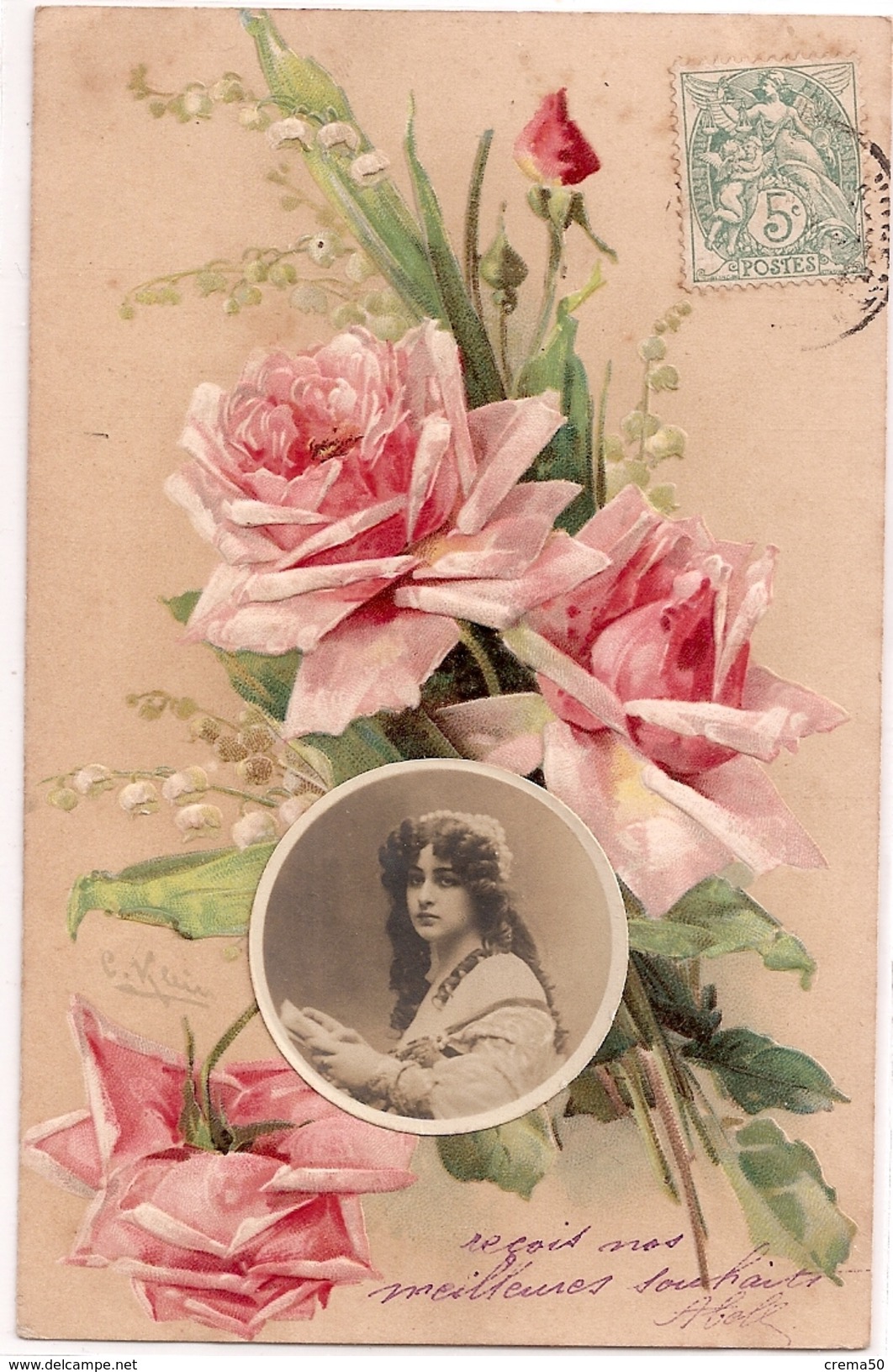 KLEIN - Rose Et Muguet Avec Photo D'une Femme, Carte Gauffrée - Dos Simple - Klein, Catharina