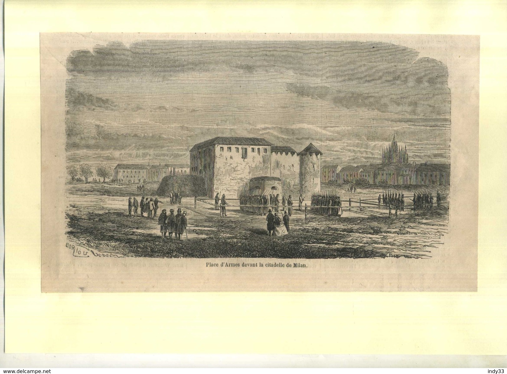 ITALIE . PLACE D'ARMES DEVANT LA CITADELLE DE MILAN  . GRAVURE SUR BOIS DU XIXe S. DECOUPEE ET COLLEE SUR PAPIER . - Documents