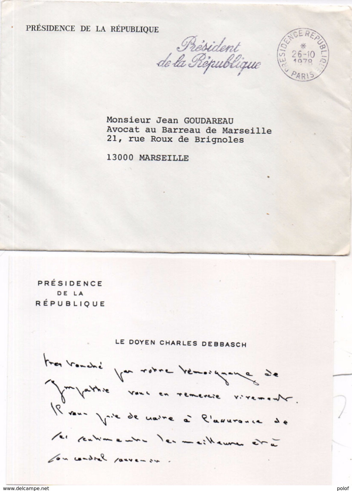 Lettre De La Présidence De La République - Texte Du Doyen Charles Debbasch - Cachet Présidence République    (95396) - Otros & Sin Clasificación