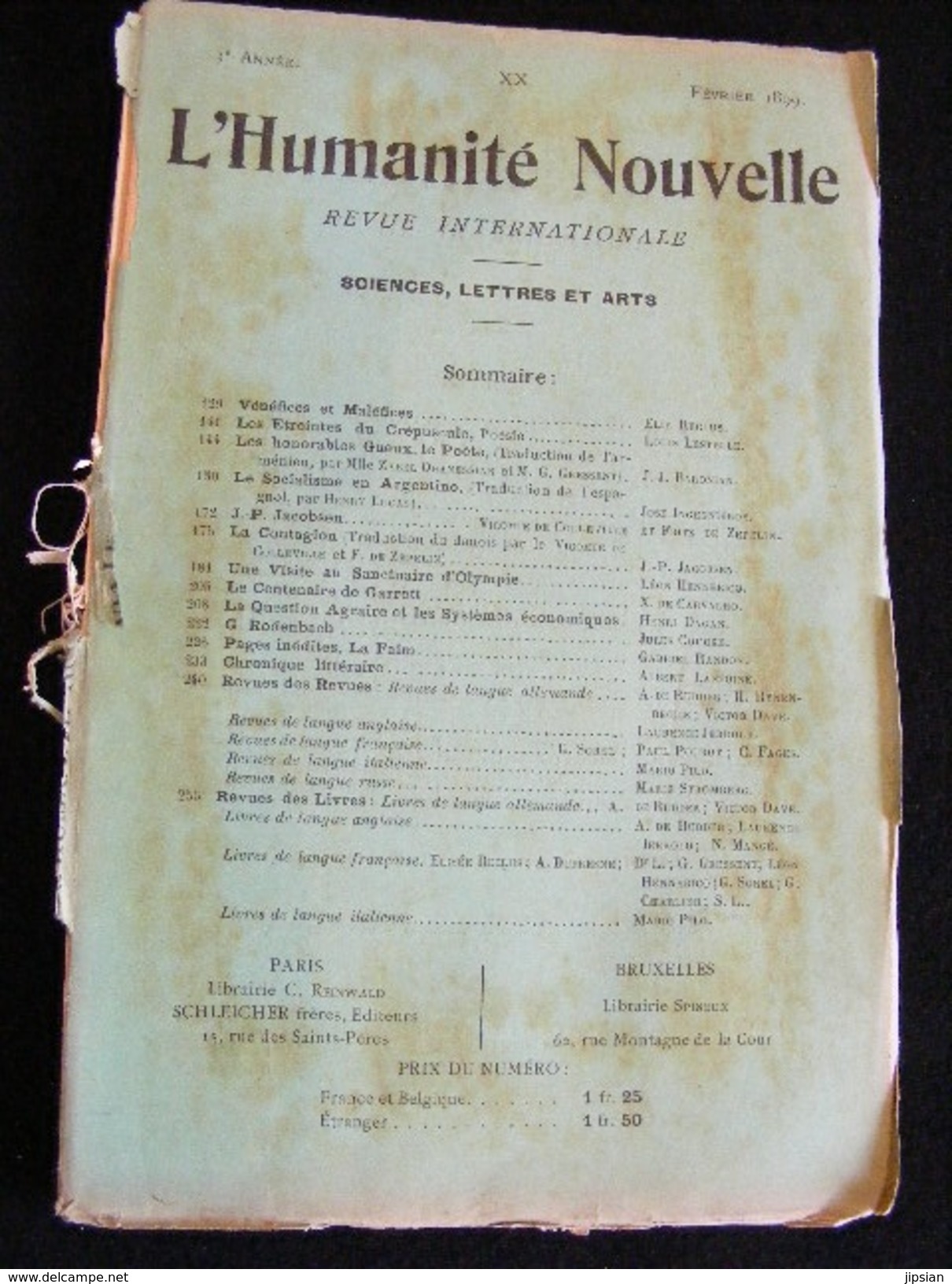 Revue Février 1899 L' Humanité Nouvelle N° 20 Revue Internationale Littéraire Politique Tendance Anarchiste -- GAR - Revistas - Antes 1900