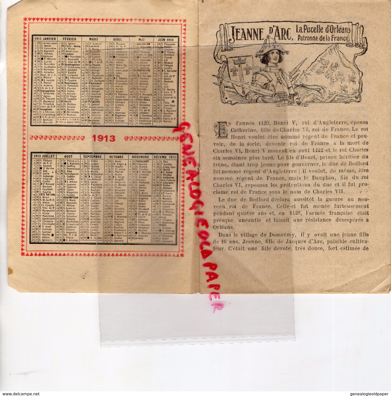 59 - LILLE - RARE CALENDRIER 1913- TISANE AMERICAINE DES SHAKERS M. FANYAU -PHARMACIEN PHARMACIE- JEANNE D' ARC - Grand Format : 1901-20