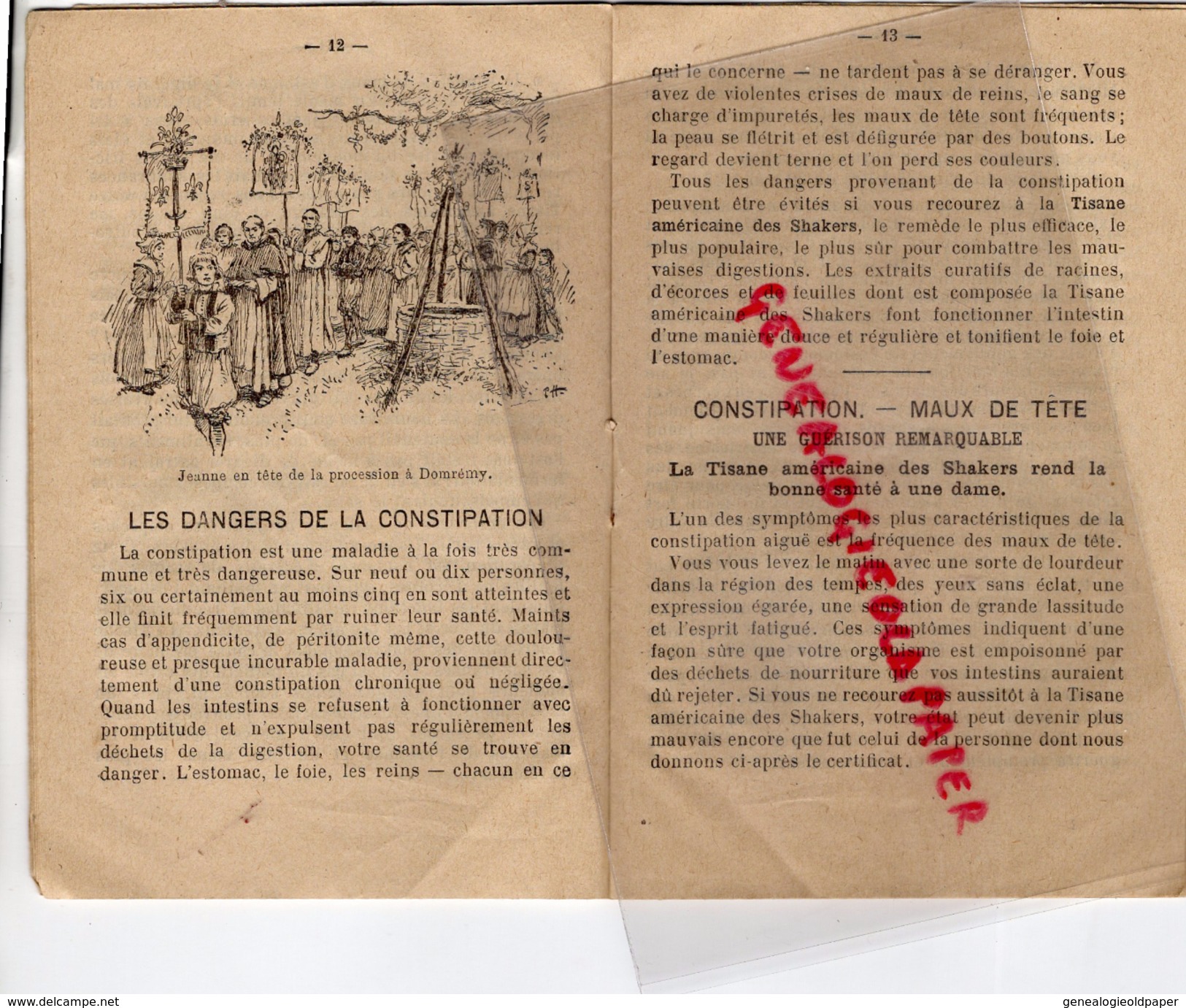 59 - LILLE - RARE CALENDRIER 1913- TISANE AMERICAINE DES SHAKERS M. FANYAU -PHARMACIEN PHARMACIE- JEANNE D' ARC