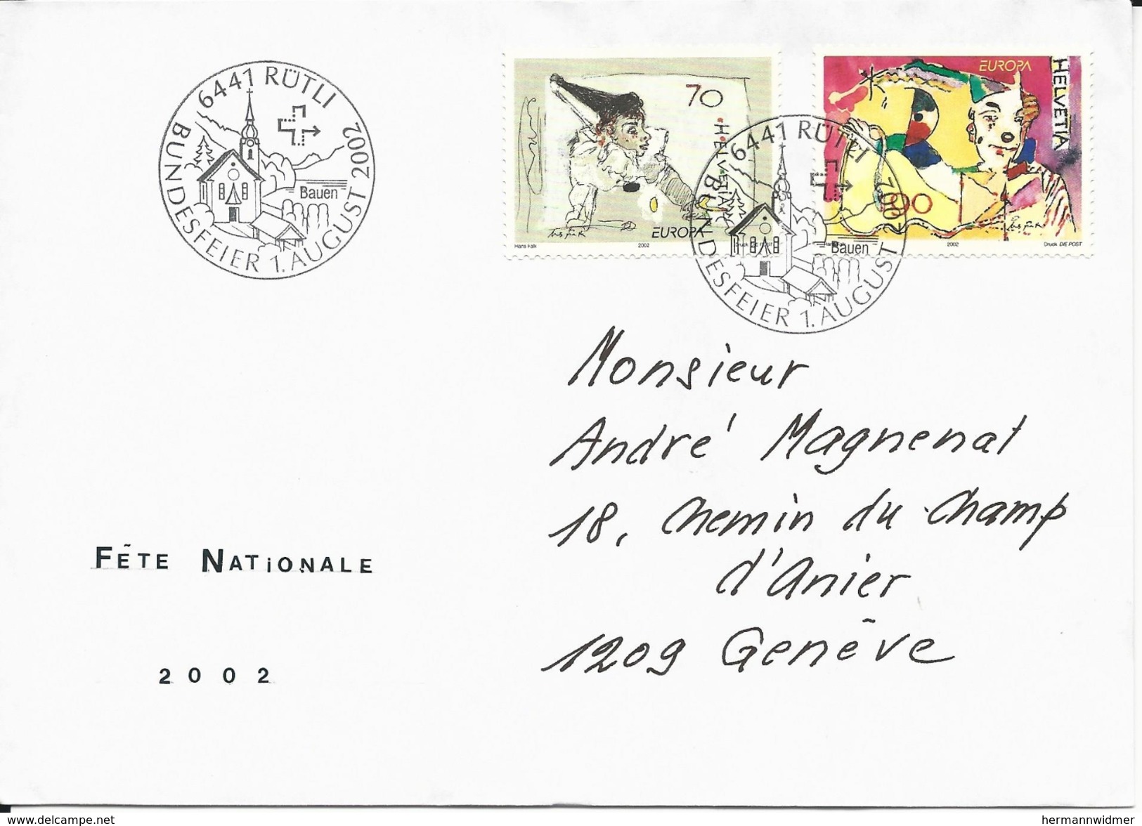 1051,1052, EUROPA, Cirque, Obl. 6441 Rütli 1er Août 2002, Env. Fête Nationale 2002 - Lettres & Documents