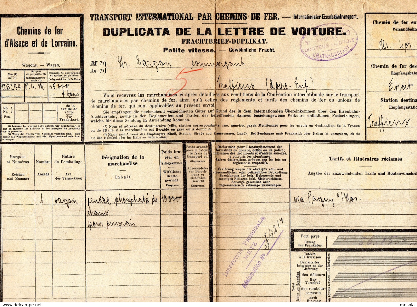 CHEMINS DE FER D' ALSACE Et De LORRAINE - DUPLICA DE LETTRE DE VOITURE - Destination TREFFIEUX - 1920 - Autres & Non Classés