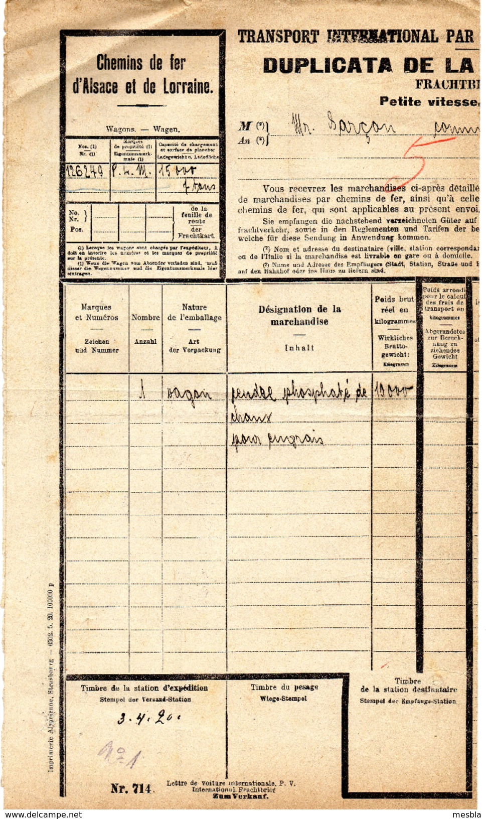 CHEMINS DE FER D' ALSACE Et De LORRAINE - DUPLICA DE LETTRE DE VOITURE - Destination TREFFIEUX - 1920 - Autres & Non Classés