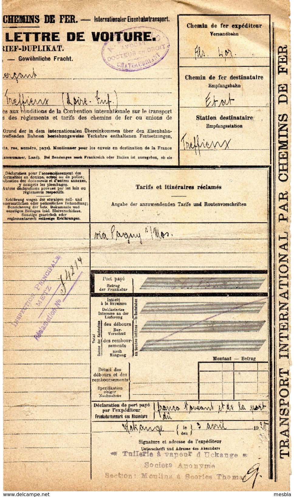 CHEMINS DE FER D' ALSACE Et De LORRAINE - DUPLICA DE LETTRE DE VOITURE - Destination TREFFIEUX - 1920 - Autres & Non Classés