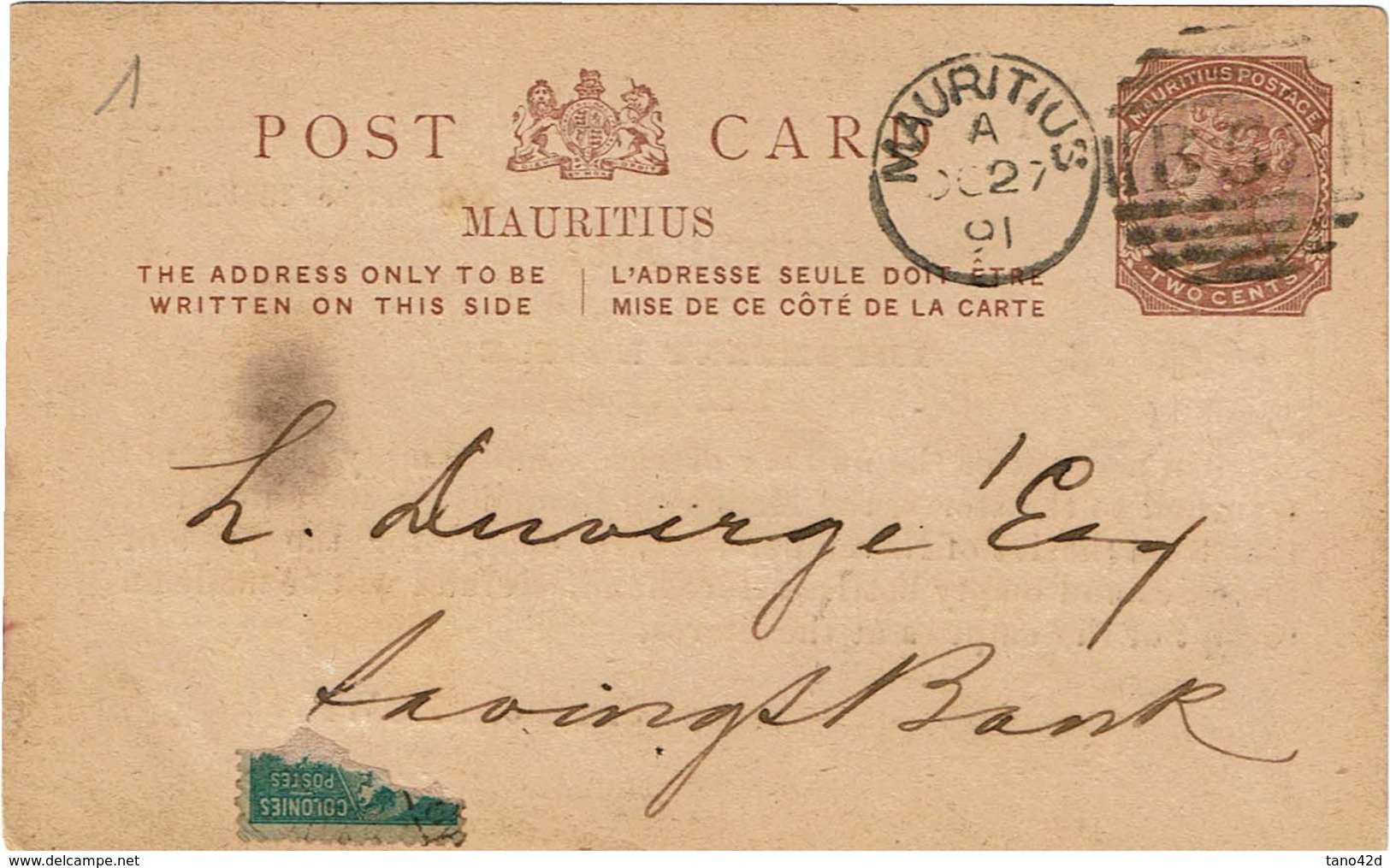 LBR38 - MAURITIUS EP CP REPIQUAGE AU VERSO CIRCULEE MARS 1891 - Mauritius (...-1967)