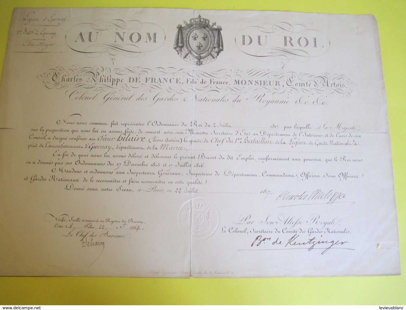 Brevet /Autographe/Charles Philippe De France,Comte D'Artois/Épernay Marne/Nomination/Hilaire/Chef Bataillon/1817 DIP208 - Diploma & School Reports