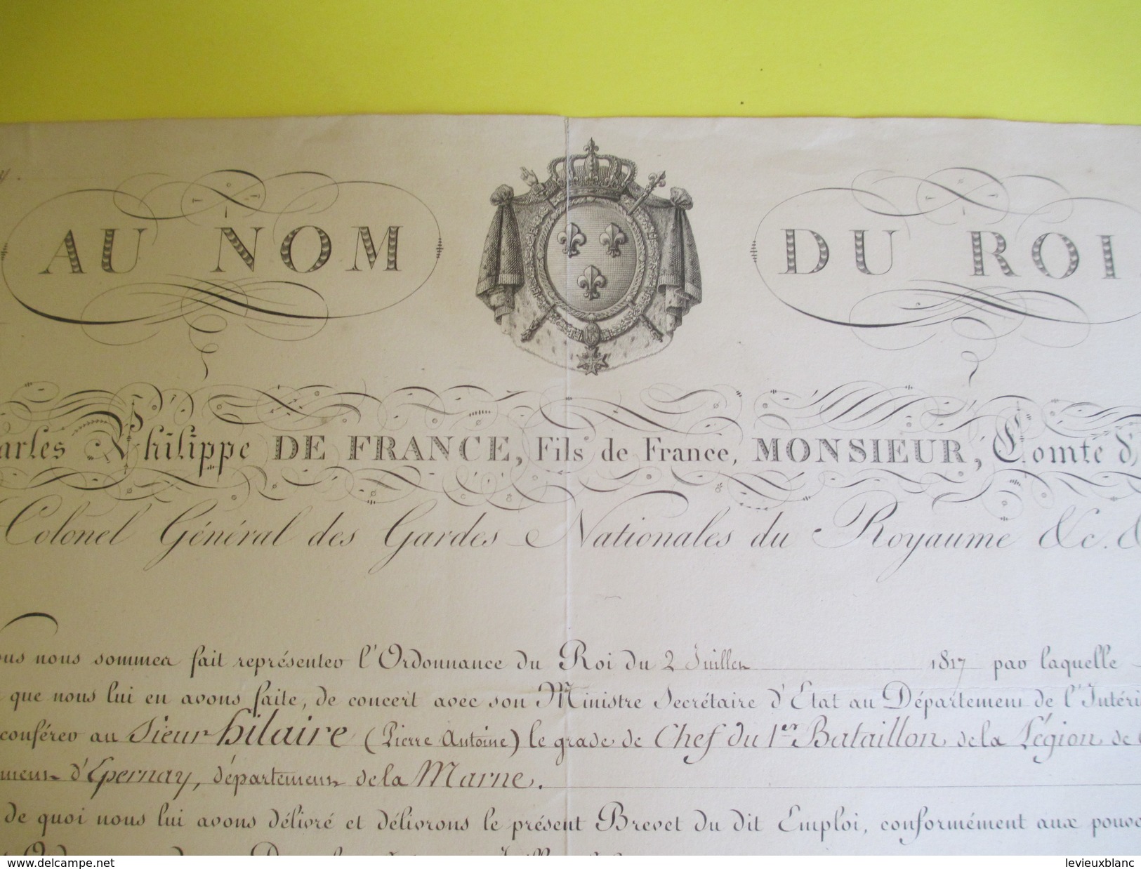 Brevet /Autographe/Charles Philippe De France,Comte D'Artois/Épernay Marne/Nomination/Hilaire/Chef Bataillon/1817 DIP208 - Diplômes & Bulletins Scolaires