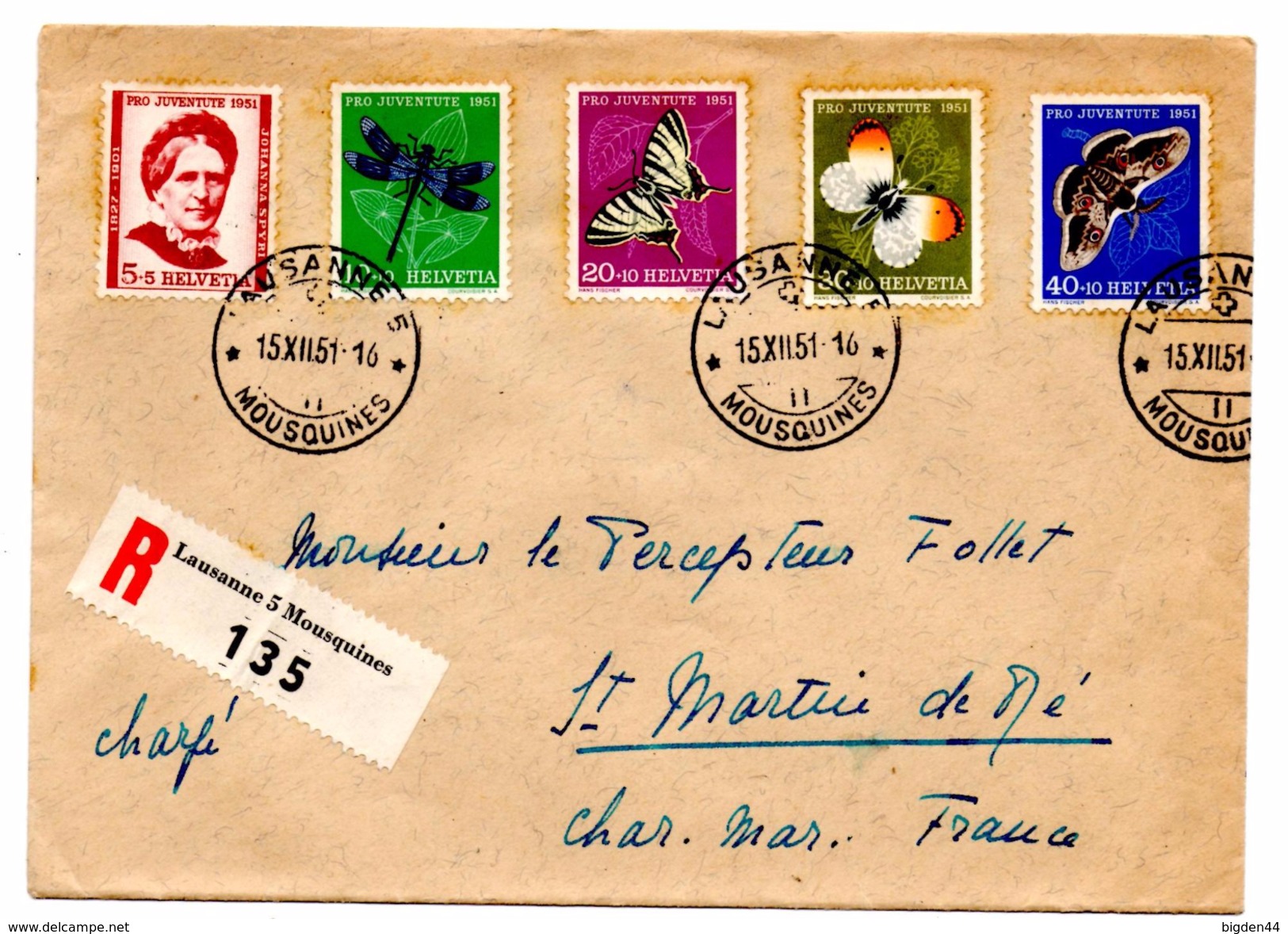 Lettre Recommandée De Lausanne_Mousquines (15.12.1951) Pour Saint Martin De Ré_Pro Juventute - Covers & Documents