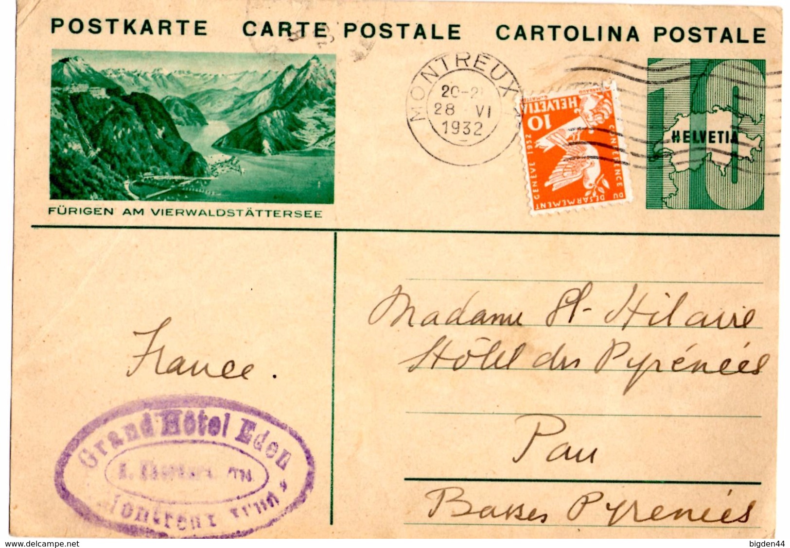 CP De Montreux (28.06.1932) Pour Pau_Hotel Eden_Fürigen - Stamped Stationery