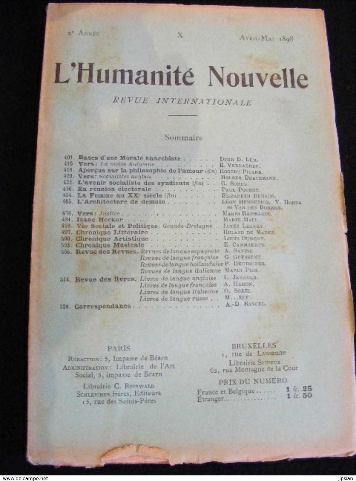 Revue Avril 1898 L' Humanité Nouvelle N° 10 Revue Internationale Littéraire Politique Tendance Anarchiste -- GAR - Revues Anciennes - Avant 1900