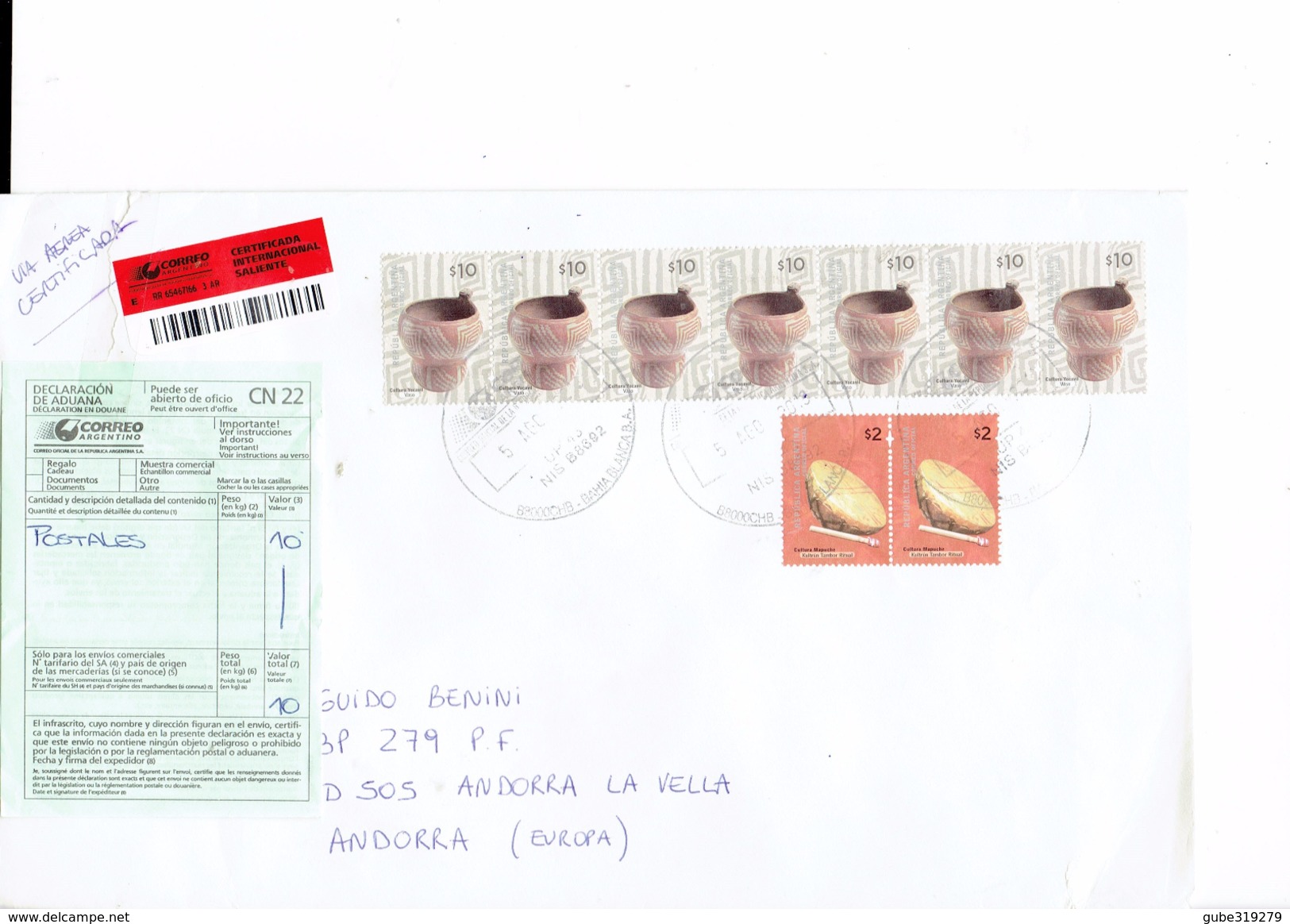 ARGENTINA 2013 &ndash;LARGE COVER REGISTERED TO ANDORRA W 9 STS:7 OF $ 10 (VASO CULTURA YUCAVIL)-2 OF $ 2(CULTURA MAPUCH - Préphilatélie