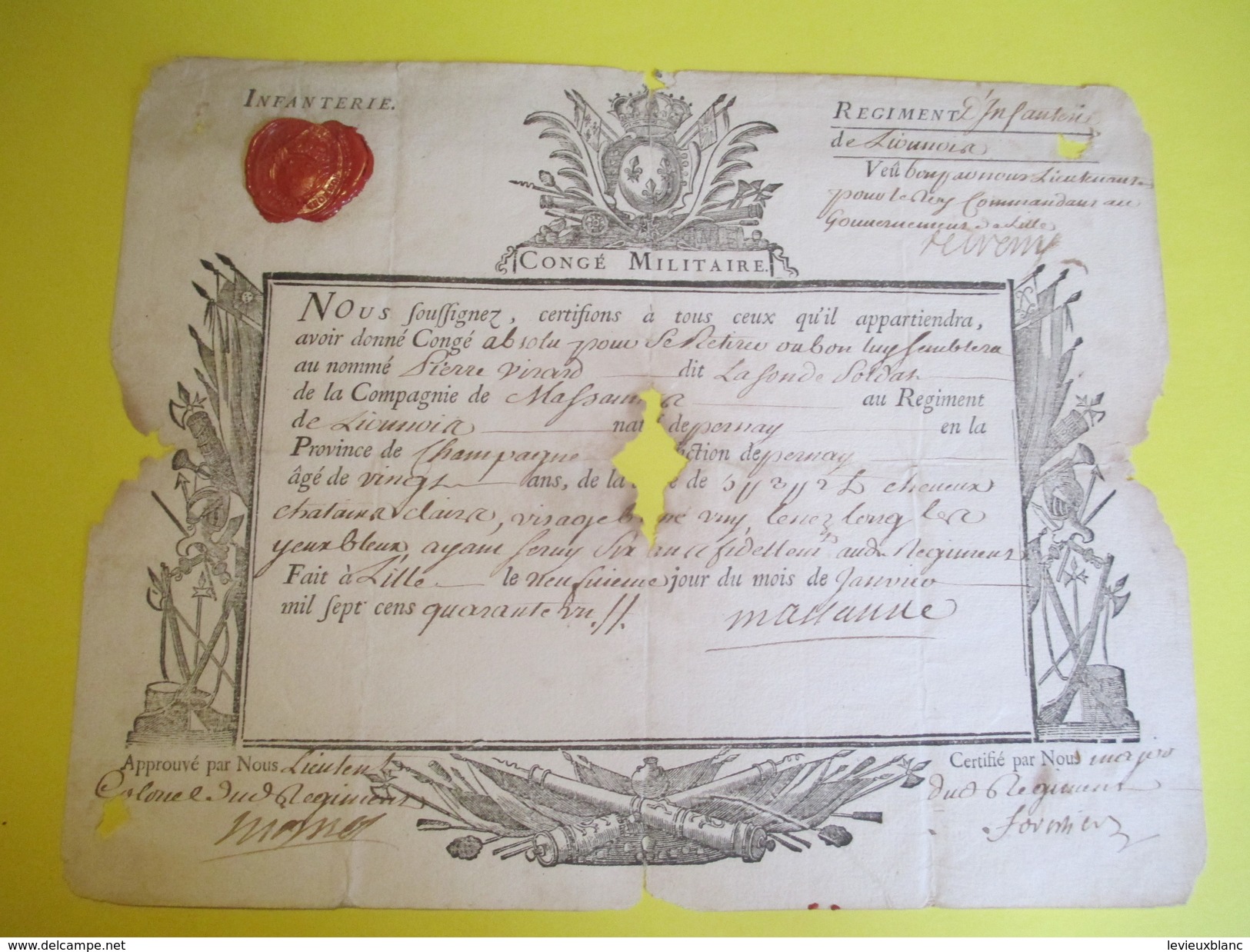 Archive/Congé Militaire/Pierre Virard Dit La Sonde/ Soldat/Cie De Massanne/Régt D'Infant. Lionnois/Lille/1741 DIP210 - Diplome Und Schulzeugnisse