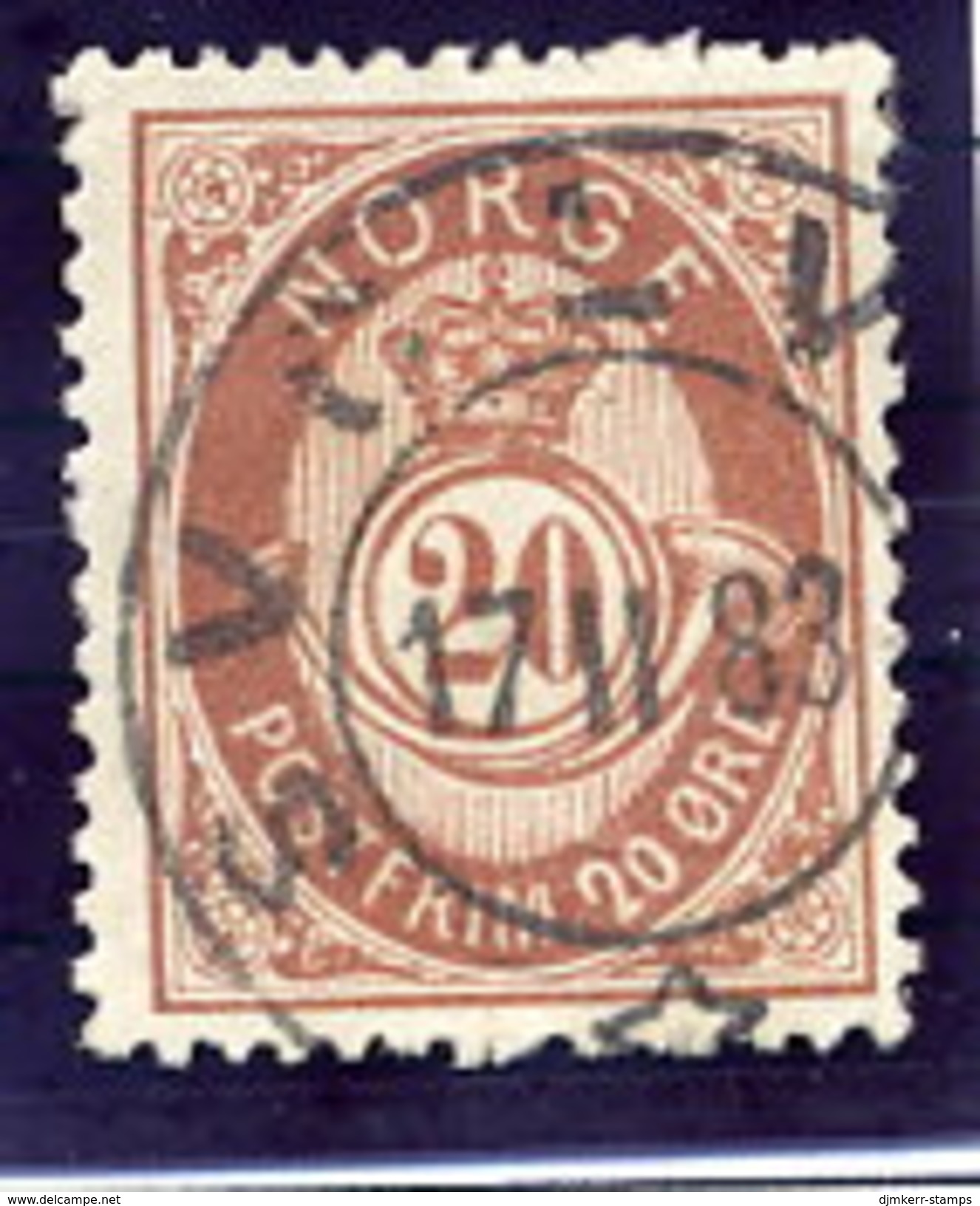 NORWAY 1882 Posthorn 20 Øre Brown Used.  Michel 40 - Usados