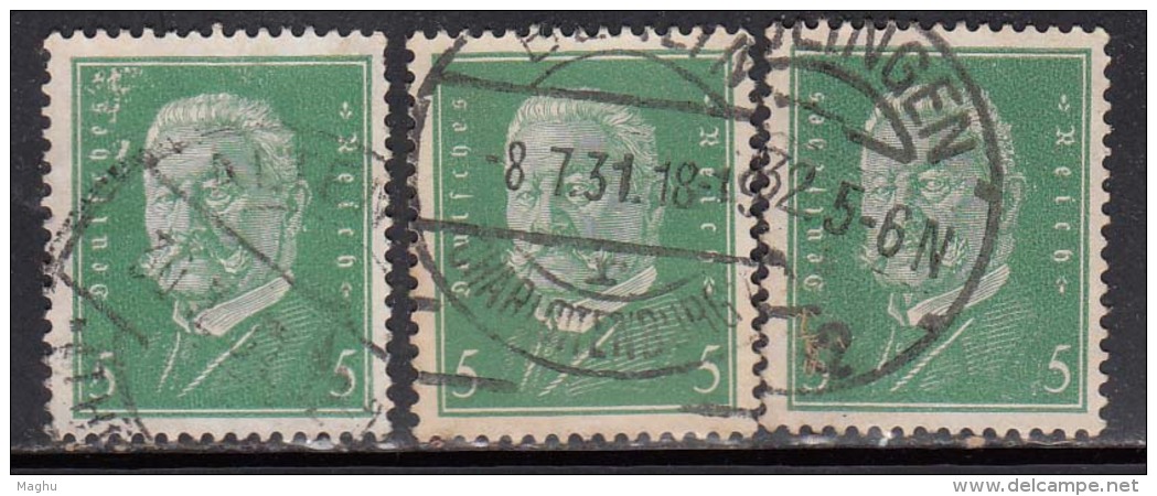 5pf X 3 Diff., Shades / Paper Varities, 'Deutsches Reich' Used 1928 Hindenburg Deutschland Germany, As Scan - Gebraucht