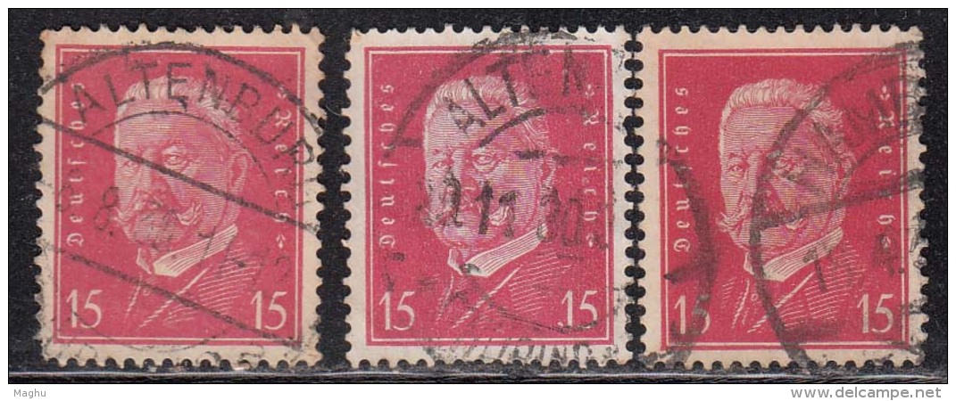 15pf X 3 Diff., Shades / Paper Varities, 'Deutsches Reich' Used 1928 Hindenburg Deutschland Germany, As Scan - Gebraucht