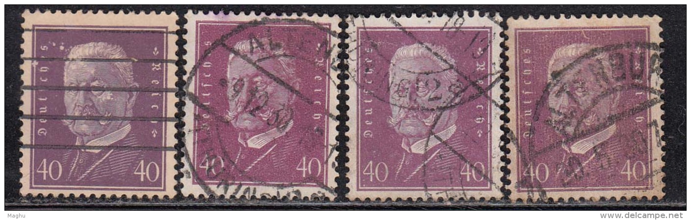 40pf X 4 Diff., Shades / Paper Varities, 'Deutsches Reich' Used 1928 Hindenburg Deutschland Germany, As Scan - Gebraucht