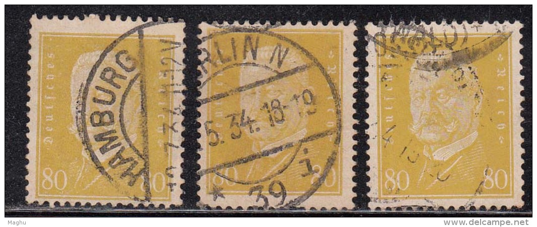 80pf X 3 Diff., Shades / Paper Varities, 'Deutsches Reich' Used 1928 Hindenburg Deutschland Germany, As Scan - Gebraucht
