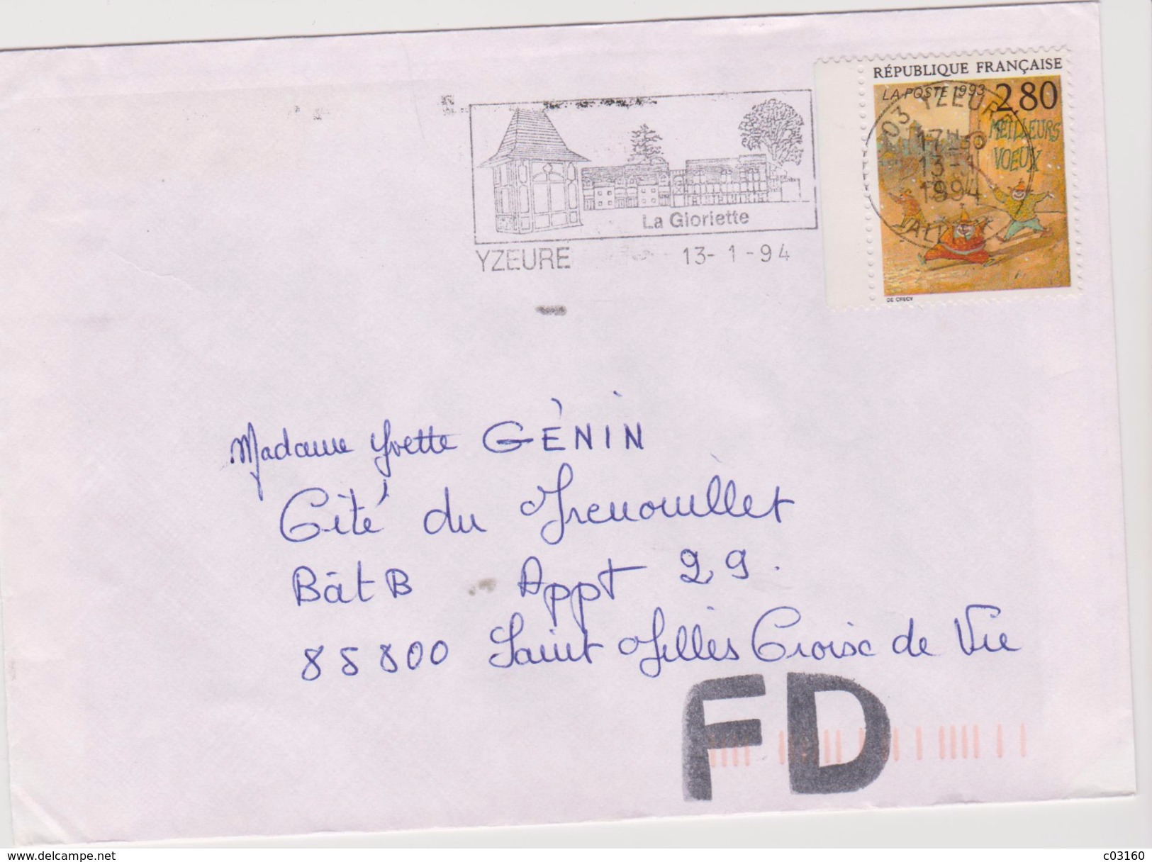 2,80f Meilleurs Voeux  1993  : De Yzeure à Saint Gilles Croix De Vie - 1961-....