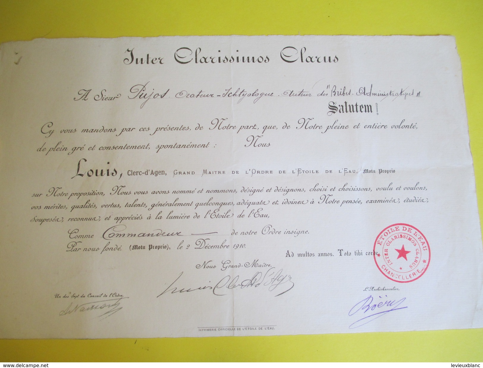 Diplôme/Commandeur/Ordre De L'Etoile De L'Eau/Rose-Croix ?/Clerc D'AGEN /PUJOS/Orateur-Ichtyologue//1910    DIP211 - Diploma & School Reports